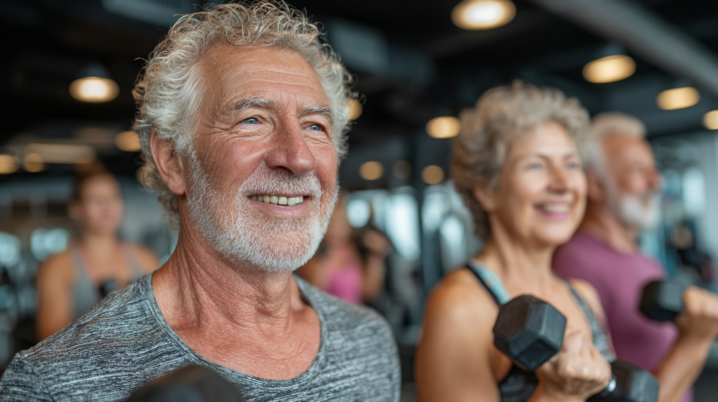Seniori fericiți care se antrenează împreună folosind tehnologia fitness