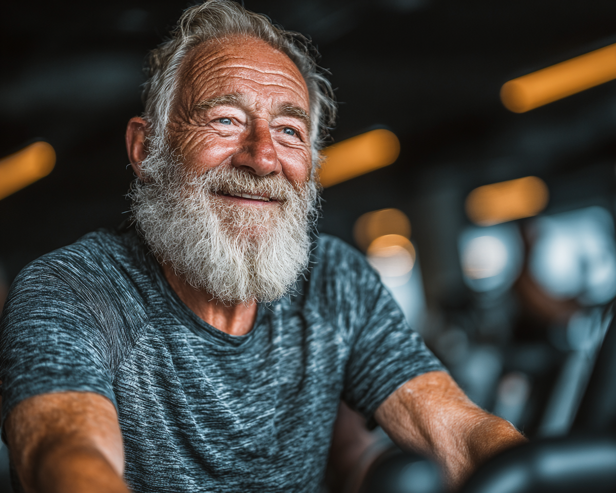 Seniori fericiți care se antrenează împreună folosind tehnologia fitness